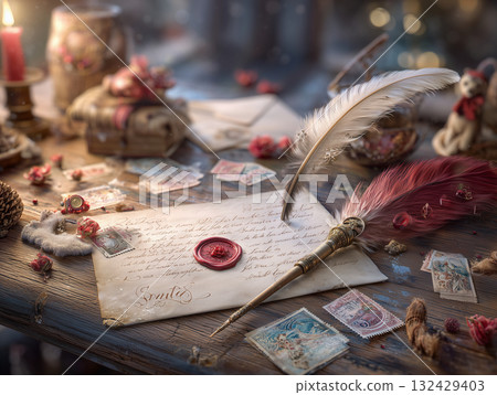 古董桌上的寫給聖誕老人的信和古董郵票/聖誕信的特寫 132429403