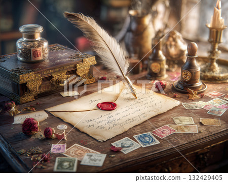 古董桌上的寫給聖誕老人的信和古董郵票/聖誕信的特寫 古董桌上的寫給聖誕老人的信和古董郵票/聖誕信的特寫 132429405