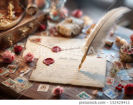 古董桌上的寫給聖誕老人的信和古董郵票/聖誕信的特寫 古董桌上的寫給聖誕老人的信和古董郵票/聖誕信的特寫 132429411