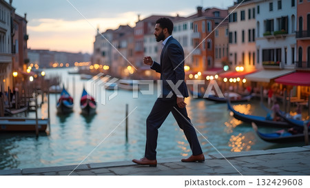 Elegant professional strolling through the serene Venetian canals at sunset captivating travel and Elegant professional strolling through the serene Venetian canals at sunset captivating travel and 132429608