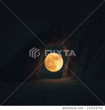 Full moon night sky large yellow moon hovers over cave opening glowing lunar surface serene nocturnal landscape Full moon night sky large yellow moon hovers over cave opening glowing lunar surface serene nocturnal landscape 132429758