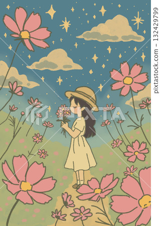A fantastic illustration of a girl in a starry sky and a cosmos field 132429799