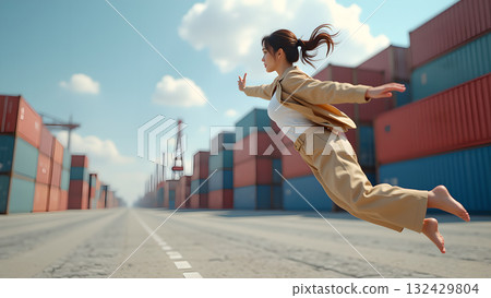 Empowered woman soaring above industry, representing ambition and transcending limitations in 132429804