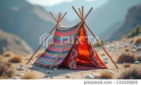 Colorful handmade teepee tent situated in arid landscape displaying nomadic camping and bohemian Colorful handmade teepee tent situated in arid landscape displaying nomadic camping and bohemian 132429809