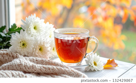 Close-up of tea and white flowers 132429867