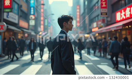 Pensive professional stands against the urban hustle a moment of solitude in the electric 132430001