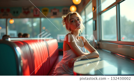 Portrait of an elegant woman relaxing in a vintage-style diner bathed in soft light with dreamy Portrait of an elegant woman relaxing in a vintage-style diner bathed in soft light with dreamy 132430002