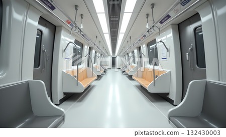 Symmetrical interior view inside a modern subway train carriage with sleek design and comfortable 132430003