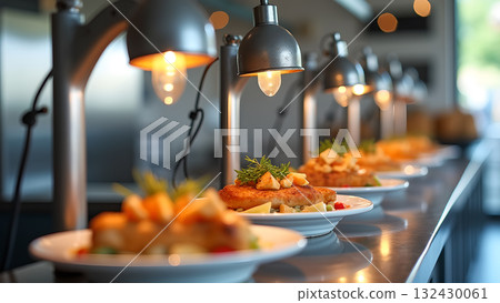 Culinary excellence displayed: plated meals under focused warm illumination in an upscale Culinary excellence displayed: plated meals under focused warm illumination in an upscale 132430061