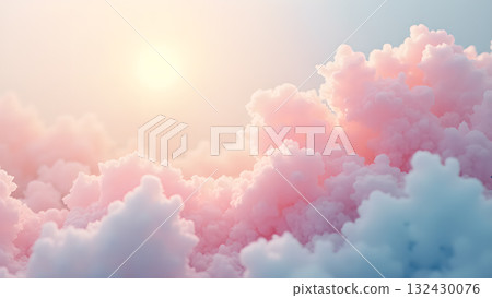 Dreamy pastel cotton candy clouds bathed in warm sunlight against a soft sky backdrop rendering 132430076