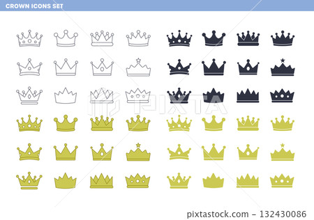 Simple crown icon set (line drawing, painted, silhouette) 132430086