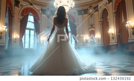 Elegant bride in ethereal ballroom, graceful gown, soft light and opulent architecture create a Elegant bride in ethereal ballroom, graceful gown, soft light and opulent architecture create a 132430192