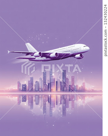 飛機飛過城市上空扁平插畫 132430224