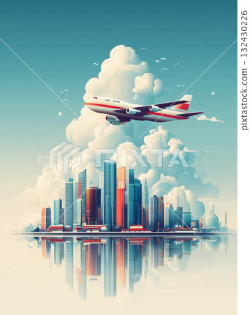 飛機飛過城市上空扁平插畫 飛機飛過城市上空扁平插畫 132430226
