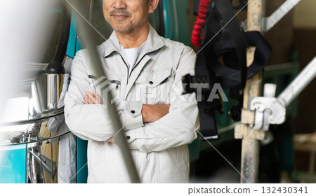 Middle-aged man posing in front of a truck Construction image Middle-aged man posing in front of a truck Construction image 132430341