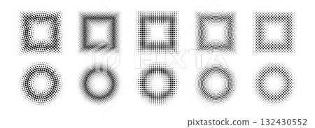 Halftone pixel frames set. Dotted textured round and square borders. Cartoon faded boarders collection. Vector comic bundle gradient shapes. Raster bitmap element pack for poster, collage, banner.  132430552
