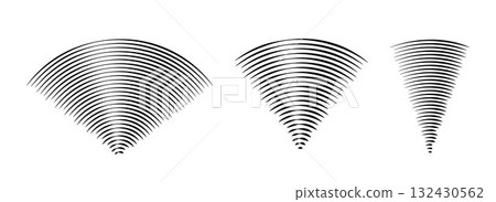 Linear sound wave signal set. Radial radio and music audio icon collection. Rippled radar vibration element sign bundle. Black curved impulse lines pack. Echo soundwave symbols. Vector Linear sound wave signal set. Radial radio and music audio icon collection. Rippled radar vibration element sign bundle. Black curved impulse lines pack. Echo soundwave symbols. Vector 132430562