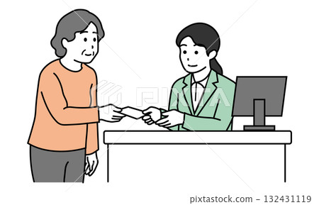 Illustration of an elderly woman handing over her medical card at the reception desk and the staff assisting her Illustration of an elderly woman handing over her medical card at the reception desk and the staff assisting her 132431119