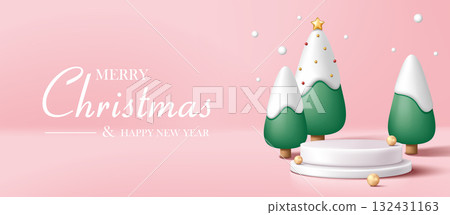 3D Christmas tree, decorations and circular merchandise display platform, Christmas banner advertising poster flyer material picture 132431163