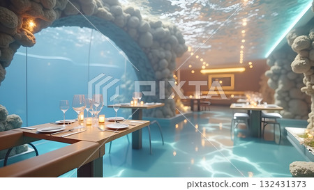 Serene dining experience below sea level in a restaurant boasting unparalleled aquatic scenery and 132431373