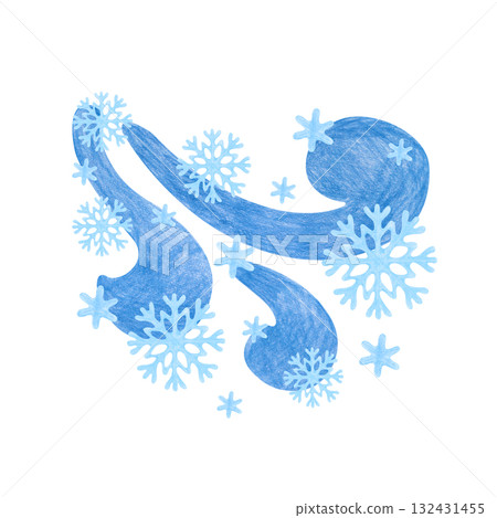Abstract hand-drawn snowstorm ornament. The drawing with colored pencils is isolated on a white background. Stylized wind with snowflakes. A child's drawing. Clipart. 132431455