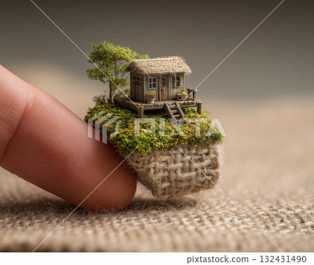 Miniature house moss island burlap fabric tiny cabin porch ladder tree Miniature house moss island burlap fabric tiny cabin porch ladder tree 132431490