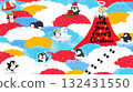 Cute Christmas Penguins in Colorful Snow Clouds,Whimsical Winter Holiday Illustration 132431550