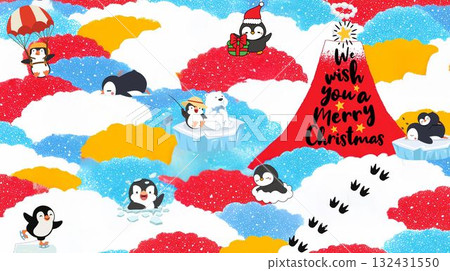 Cute Christmas Penguins in Colorful Snow Clouds,Whimsical Winter Holiday Illustration 132431550
