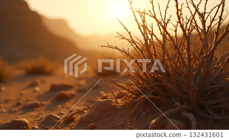Dry bush landscape in arid setting with golden light illuminating a rugged terrain and mountain Dry bush landscape in arid setting with golden light illuminating a rugged terrain and mountain 132431601