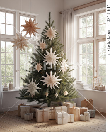 Natural Christmas tree decorated with beige paper star ornaments and wrapped gifts creating warm festive atmosphere Natural Christmas tree decorated with beige paper star ornaments and wrapped gifts creating warm festive atmosphere 132431614