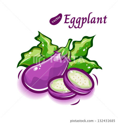 A pop illustration of a cute and fresh eggplant with slices and leaves 132431685
