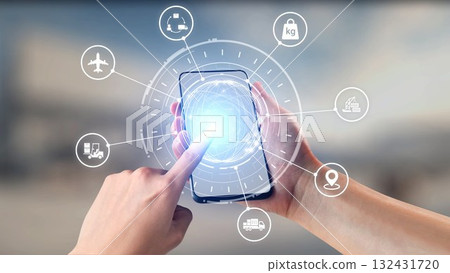 Logistics icons illustrate delivery, supply chain, warehouse, and shipping. Gist 132431720