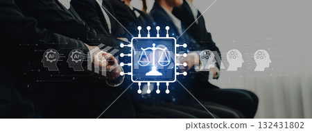 Digital Balance Symbol Representing Justice and Technology at a Professional Meeting with Business Attire and Focused Participants Trope 132431802