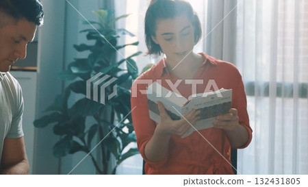 Top view of smart prayers reading bible while making folded hands. Symposium. 132431805