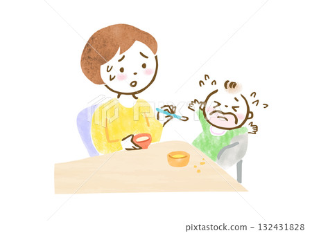 Illustration of a mother feeding baby food and a crying baby who refuses 132431828