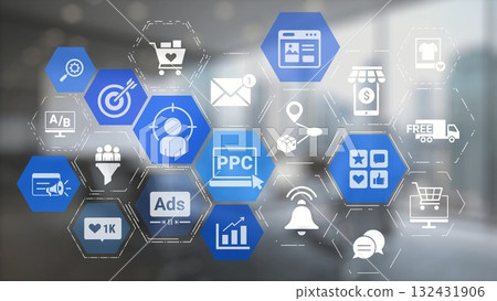 Marketing online strategy with digital advertising, PPC, social media and SEO icons Gist Marketing online strategy with digital advertising, PPC, social media and SEO icons Gist 132431906