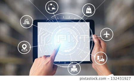 Logistics icons illustrate delivery, supply chain, warehouse, and shipping. Gist 132431927