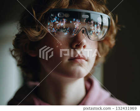 Teenager wearing augmented reality glasses projecting glowing AI companion holograms, thoughtful expression and soft natural lighting 132431969