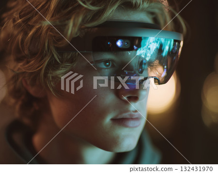 Teenager wearing augmented reality glasses projecting virtual companions and holographic interface with focused expression, cinematic lighting 132431970