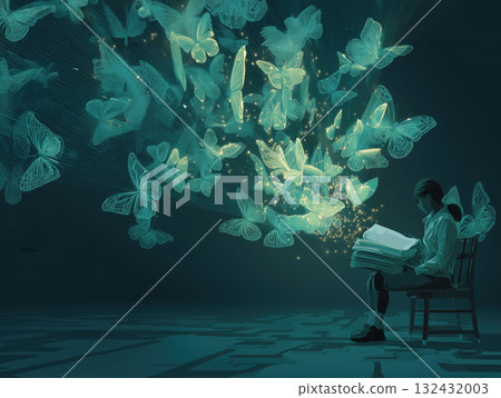 Glowing butterfly emerging from open book fantasy reading scene teal light magical particles girl with stack of books 132432003