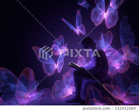 Glowing butterfly neon butterfly digital butterfly silhouette reader seated person open book luminous wings purple glow 132432004
