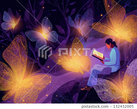 Young woman reading book surrounded by glowing butterflies and luminous forest magic, serene and dreamy night scene 132432005