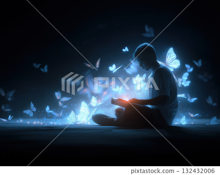 Young person reading illuminated book surrounded by glowing blue butterflies and soft magical light, serene and curious atmosphere 132432006