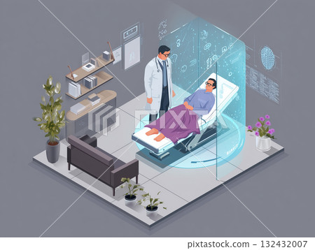 Hospital doctor attending patient futuristic holographic diagnostic bed with medical scan overlay and clinical room plants, comforting atmosphere 132432007
