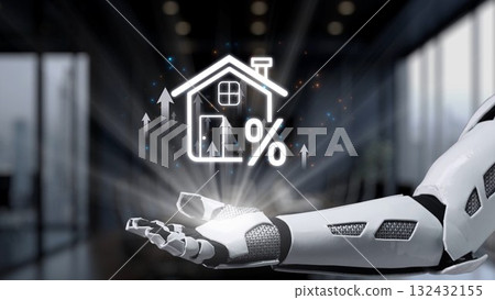 Robotic Hand Presenting House with Growth Symbols and Percentage Sign in Futuristic Interior, Representing Real Estate Market Trends and Investment Opportunities Synapse Robotic Hand Presenting House with Growth Symbols and Percentage Sign in Futuristic Interior, Representing Real Estate Market Trends and Investment Opportunities Synapse 132432155