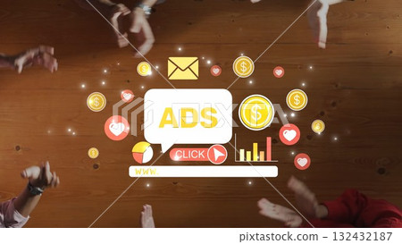 Engaging Online Advertising Concept with Hands Raised, Digital Icons, Financial Symbols, and Marketing Elements on Wooden Table Background. Raster 132432187