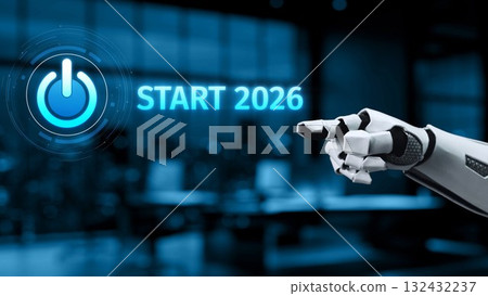 Futuristic Robot Arm with Power Button Symbol and Start 2026 Concept in Modern Office Environment for Innovation and Technology Themes Synapse 132432237