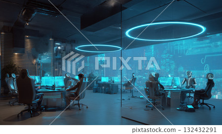 Futuristic coworking hub with holographic screens, neon ring lights, collaborative desks and robotic assistants creating immersive high tech 132432291