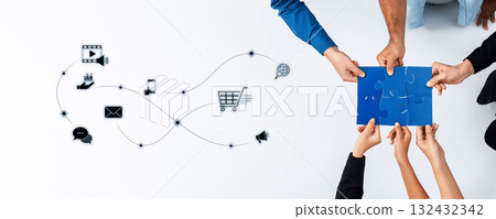 Collaboration in Digital Marketing Success with Hands Holding Puzzle Piece and Connecting Icons Representing Strategy, Communication, and E-Commerce Trope Collaboration in Digital Marketing Success with Hands Holding Puzzle Piece and Connecting Icons Representing Strategy, Communication, and E-Commerce Trope 132432342