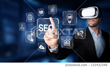 Business Professional Engaging with Virtual Reality SEO Concepts in Modern Office Environment Showcasing Technology and Innovation. Raster 132432348